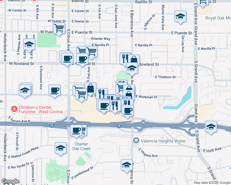 map of restaurants, bars, coffee shops, grocery stores, and more near 778 South San Antonio Drive in Covina