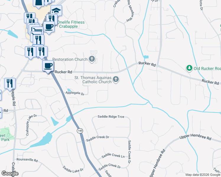 map of restaurants, bars, coffee shops, grocery stores, and more near 310 Barrow Downs in Alpharetta