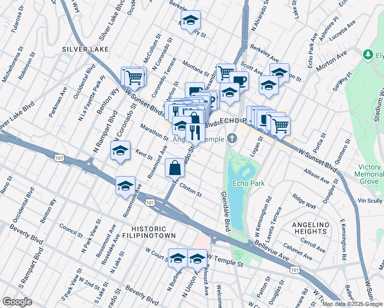 map of restaurants, bars, coffee shops, grocery stores, and more near 908 North Alvarado Street in Los Angeles