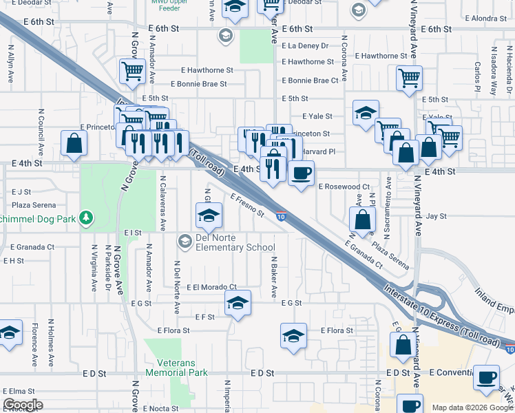map of restaurants, bars, coffee shops, grocery stores, and more near 1441 East Fresno Street in Ontario