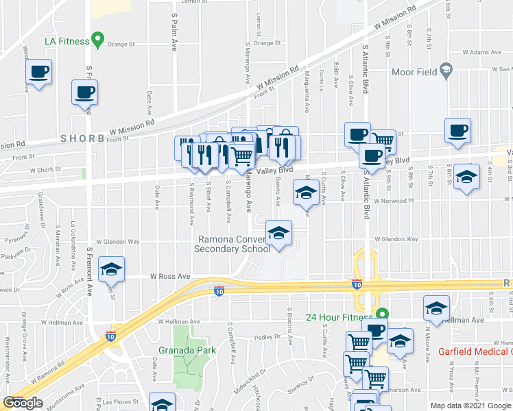 map of restaurants, bars, coffee shops, grocery stores, and more near 1516 South Marengo Avenue in Alhambra