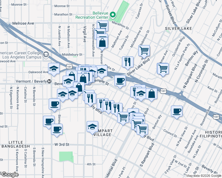 map of restaurants, bars, coffee shops, grocery stores, and more near 252 North Hoover Street in Los Angeles