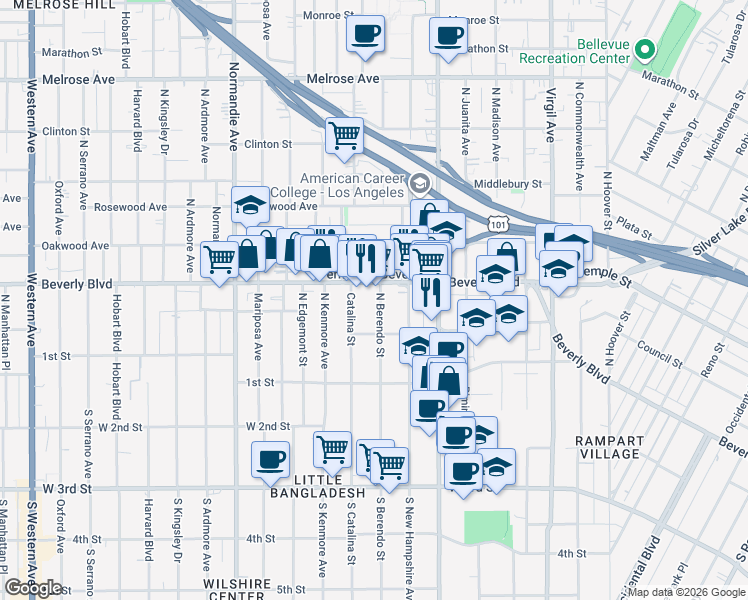 map of restaurants, bars, coffee shops, grocery stores, and more near 233 North Berendo Street in Los Angeles