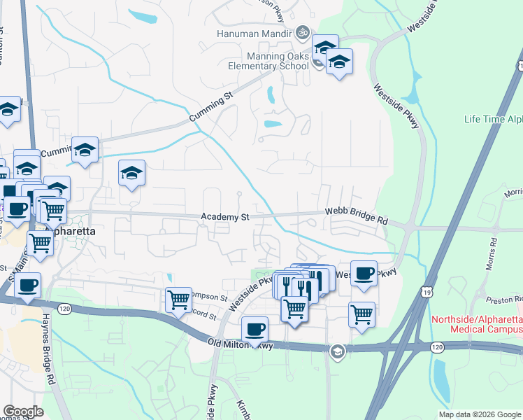map of restaurants, bars, coffee shops, grocery stores, and more near 105 Wade Creek Road in Alpharetta