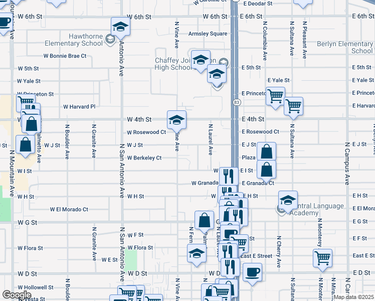 map of restaurants, bars, coffee shops, grocery stores, and more near 944 North Vine Avenue in Ontario