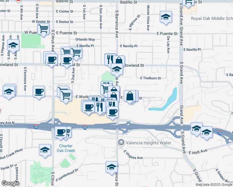 map of restaurants, bars, coffee shops, grocery stores, and more near 2980 East Workman Avenue in West Covina