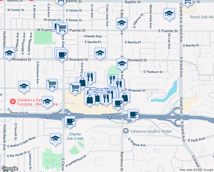 map of restaurants, bars, coffee shops, grocery stores, and more near 778 South San Antonio Drive in Covina