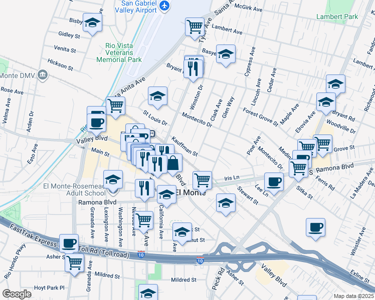 map of restaurants, bars, coffee shops, grocery stores, and more near 11119 Kauffman Street in El Monte