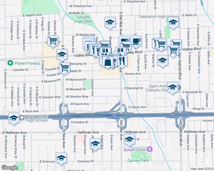 map of restaurants, bars, coffee shops, grocery stores, and more near 133 West Marshall Street in San Gabriel