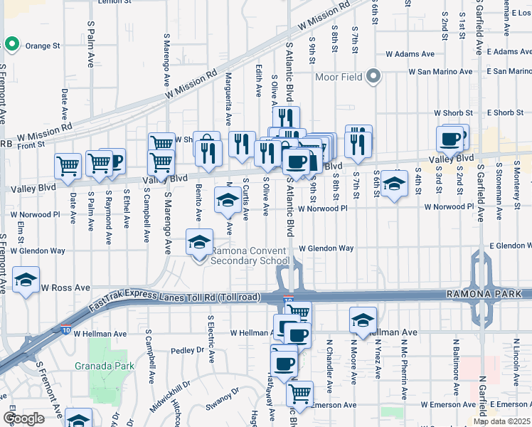 map of restaurants, bars, coffee shops, grocery stores, and more near 1608 South Olive Avenue in Alhambra