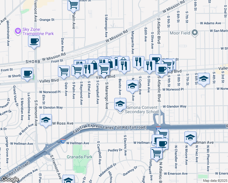 map of restaurants, bars, coffee shops, grocery stores, and more near 1516 South Marengo Avenue in Alhambra