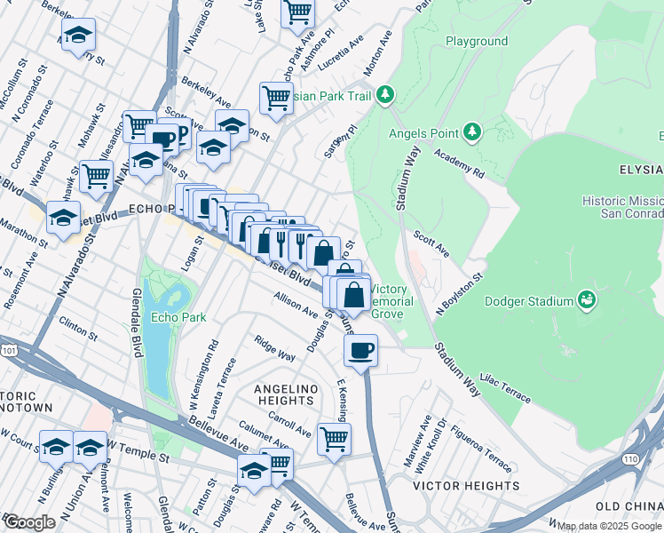 map of restaurants, bars, coffee shops, grocery stores, and more near 1325 Quintero Street in Los Angeles