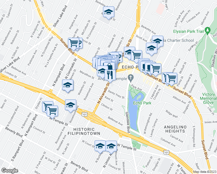 map of restaurants, bars, coffee shops, grocery stores, and more near 908 North Alvarado Street in Los Angeles