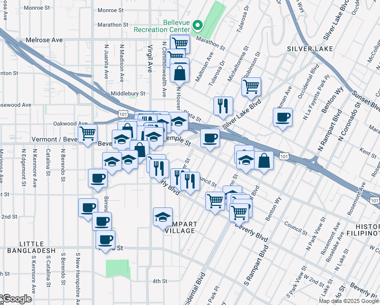 map of restaurants, bars, coffee shops, grocery stores, and more near 235 North Hoover Street in Los Angeles