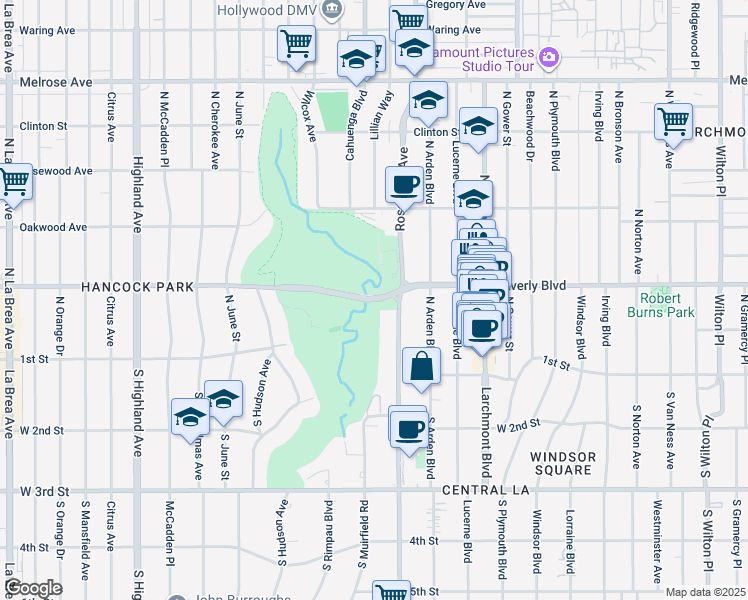 map of restaurants, bars, coffee shops, grocery stores, and more near 5629 Beverly Boulevard in Los Angeles