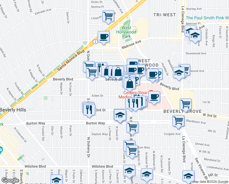 map of restaurants, bars, coffee shops, grocery stores, and more near 8903 Alden Drive in Los Angeles