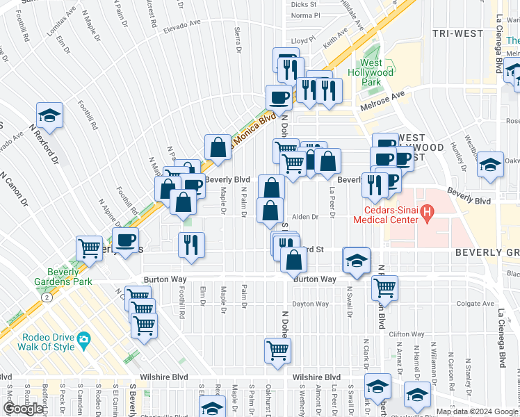 map of restaurants, bars, coffee shops, grocery stores, and more near 9183 Alden Drive in Beverly Hills