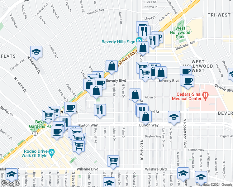 map of restaurants, bars, coffee shops, grocery stores, and more near 9231 Alden Drive in Beverly Hills