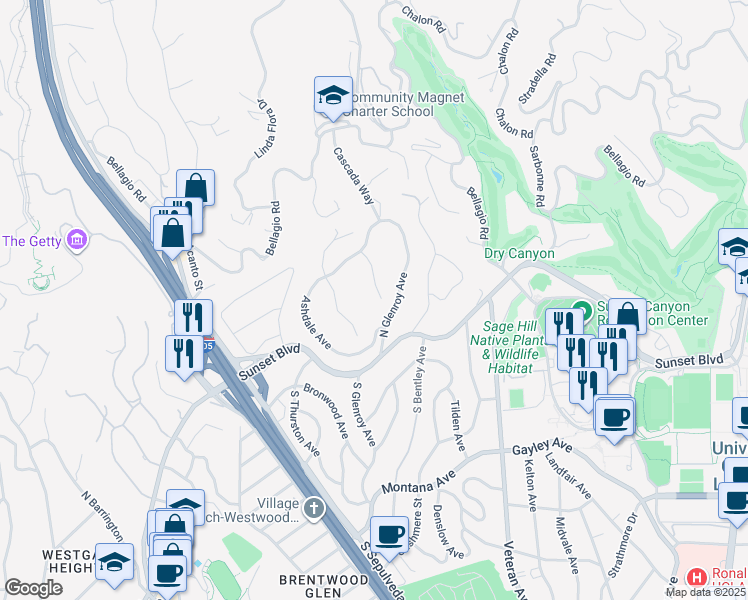 map of restaurants, bars, coffee shops, grocery stores, and more near 203 Glenroy Place in Los Angeles