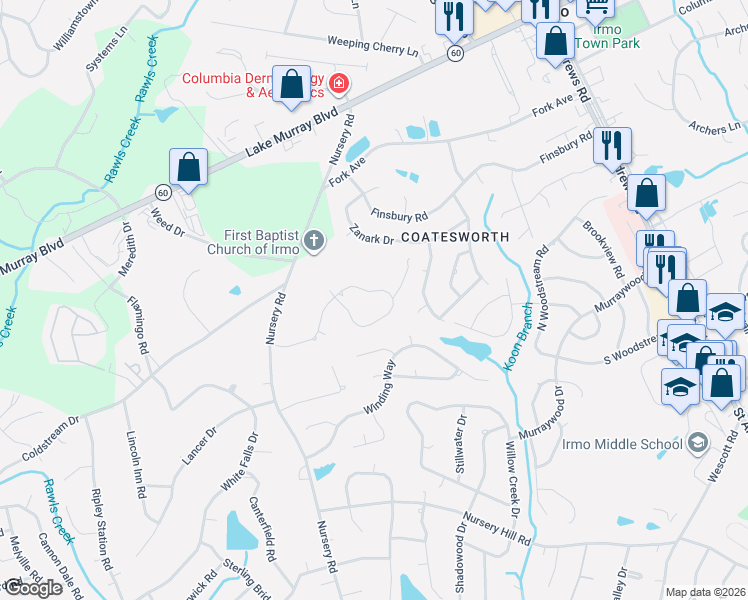 map of restaurants, bars, coffee shops, grocery stores, and more near 204 Char Oak Drive in Columbia