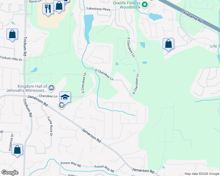 map of restaurants, bars, coffee shops, grocery stores, and more near 2750 South Cherokee Lane in Woodstock