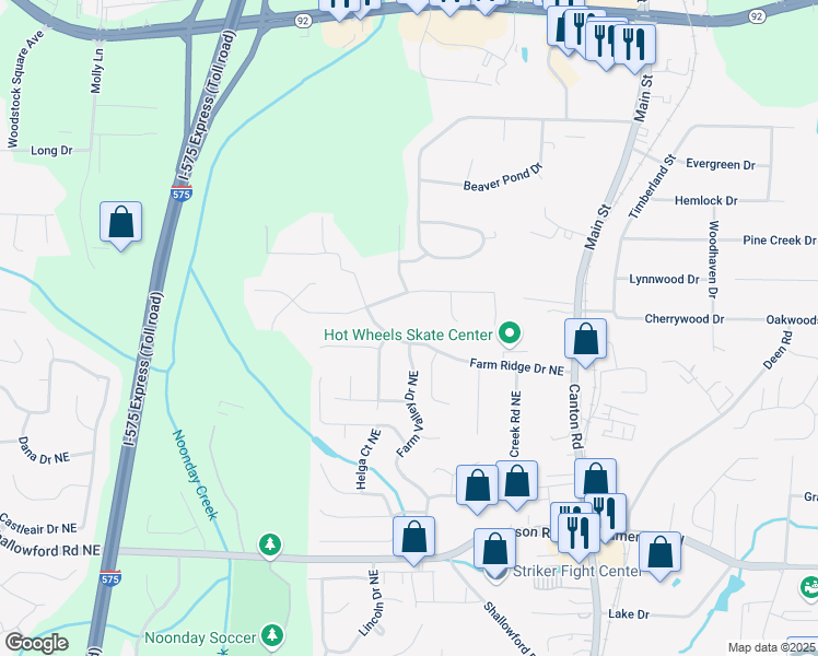 map of restaurants, bars, coffee shops, grocery stores, and more near 294 Farm Ridge Drive Northeast in Woodstock