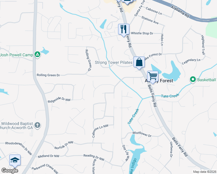 map of restaurants, bars, coffee shops, grocery stores, and more near 1011 Summer Place Northwest in Acworth
