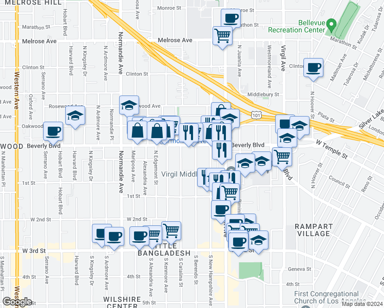 map of restaurants, bars, coffee shops, grocery stores, and more near 243 North Berendo Street in Los Angeles
