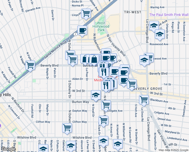 map of restaurants, bars, coffee shops, grocery stores, and more near 120 North Swall Drive in Los Angeles