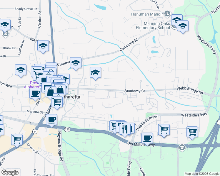 map of restaurants, bars, coffee shops, grocery stores, and more near 340 Oak Terrace in Alpharetta