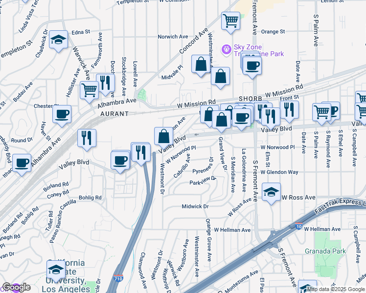 map of restaurants, bars, coffee shops, grocery stores, and more near 3001 West Norwood Place in Alhambra