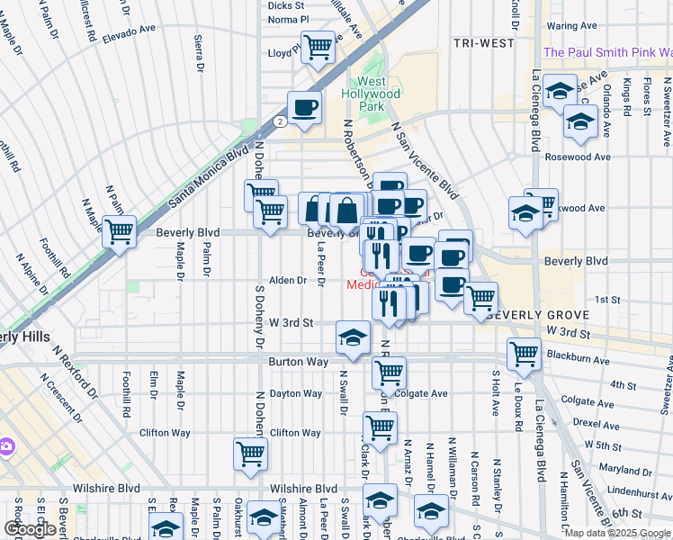 map of restaurants, bars, coffee shops, grocery stores, and more near 107 North Swall Drive in Los Angeles
