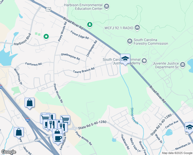 map of restaurants, bars, coffee shops, grocery stores, and more near 25 Battery Walk Court in Columbia