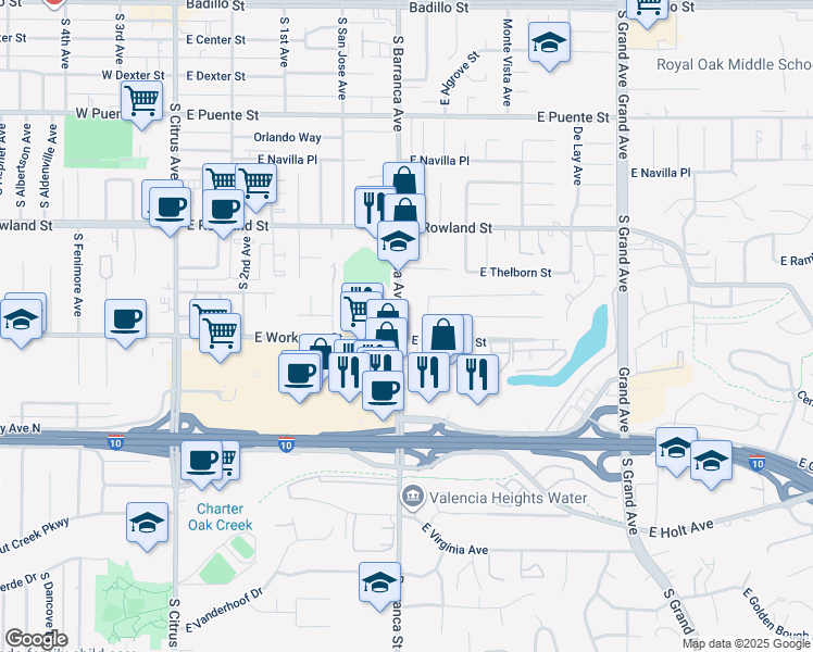 map of restaurants, bars, coffee shops, grocery stores, and more near 768 South Barranca Avenue in Covina