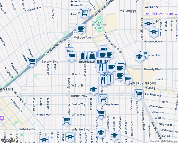 map of restaurants, bars, coffee shops, grocery stores, and more near 107 North Swall Drive in Los Angeles