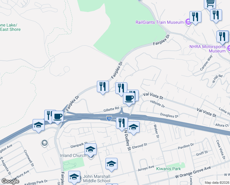 map of restaurants, bars, coffee shops, grocery stores, and more near 1648 El Camino in Pomona