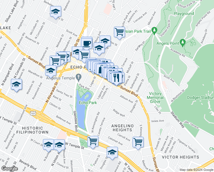 map of restaurants, bars, coffee shops, grocery stores, and more near 1080 Laguna Avenue in Los Angeles