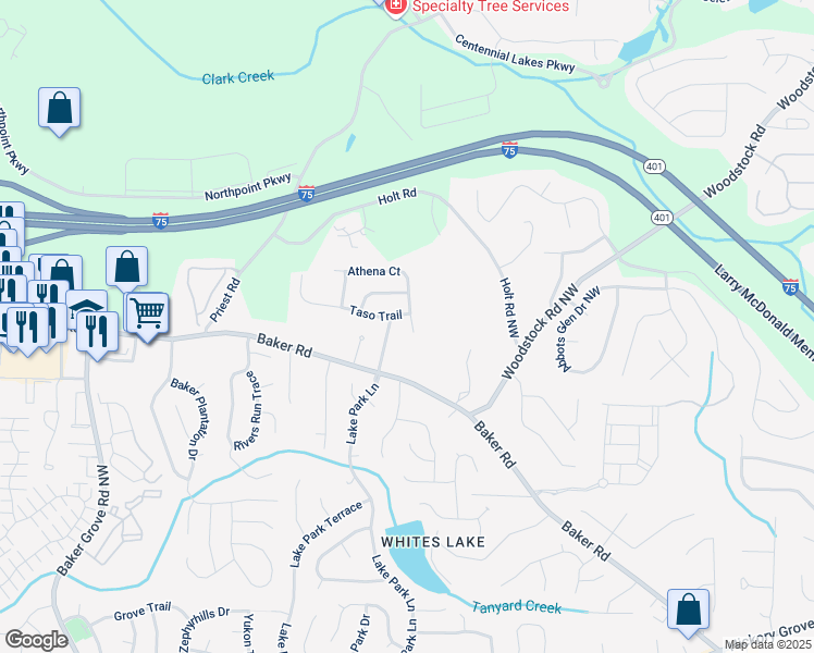 map of restaurants, bars, coffee shops, grocery stores, and more near 1068 Athena Court in Acworth