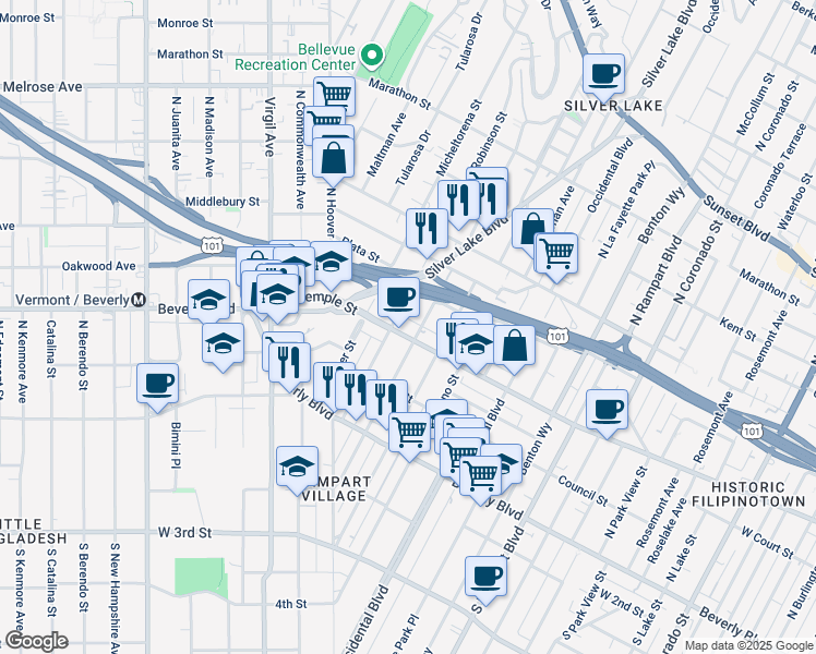 map of restaurants, bars, coffee shops, grocery stores, and more near 3221 West Temple Street in Los Angeles