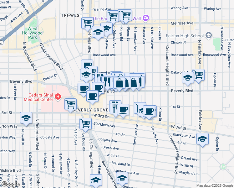 map of restaurants, bars, coffee shops, grocery stores, and more near 131 Kings Road in Los Angeles