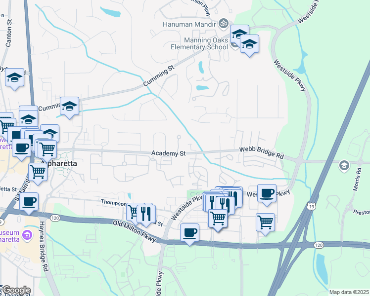map of restaurants, bars, coffee shops, grocery stores, and more near 396 Academy Street in Alpharetta