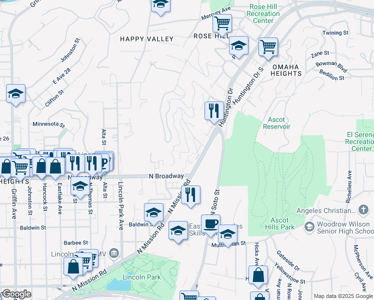 map of restaurants, bars, coffee shops, grocery stores, and more near 2521 Onyx Drive in Los Angeles