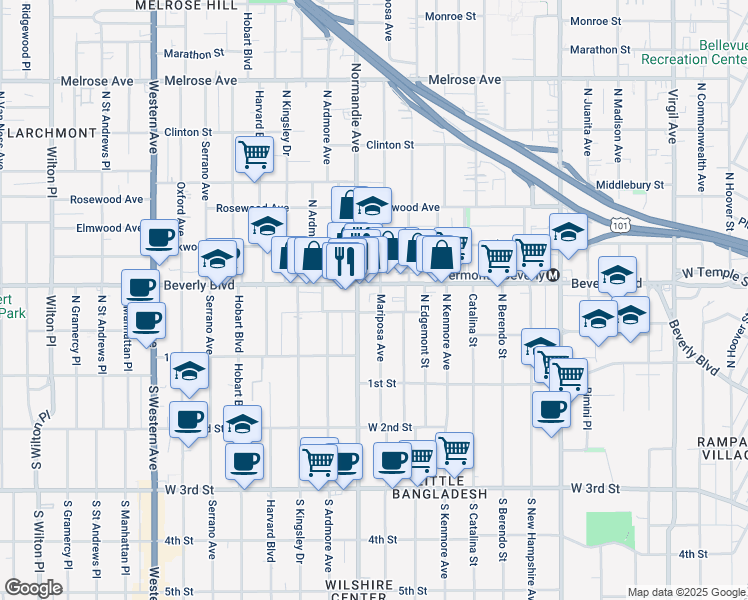 map of restaurants, bars, coffee shops, grocery stores, and more near 215 North Mariposa Avenue in Los Angeles