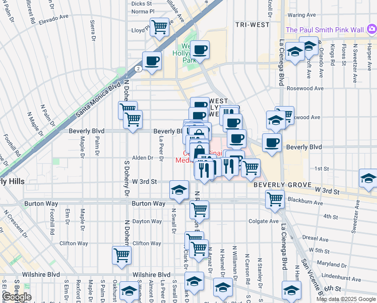 map of restaurants, bars, coffee shops, grocery stores, and more near 100 North Clark Drive in West Hollywood