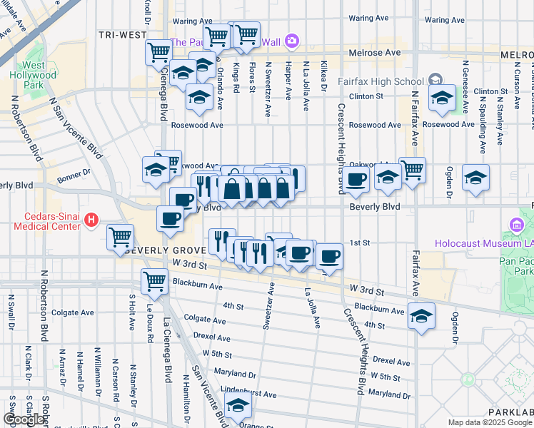 map of restaurants, bars, coffee shops, grocery stores, and more near 136 North Flores Street in Los Angeles