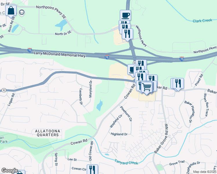 map of restaurants, bars, coffee shops, grocery stores, and more near Acworth Landing Drive in Acworth