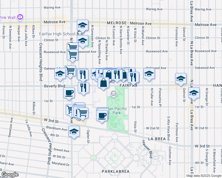 map of restaurants, bars, coffee shops, grocery stores, and more near 7610 Beverly Boulevard in Los Angeles