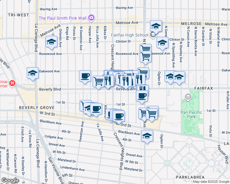 map of restaurants, bars, coffee shops, grocery stores, and more near 139 North Laurel Avenue in Los Angeles