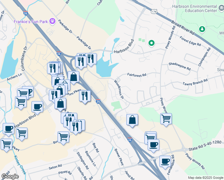 map of restaurants, bars, coffee shops, grocery stores, and more near 34 Woodcross Drive in Columbia