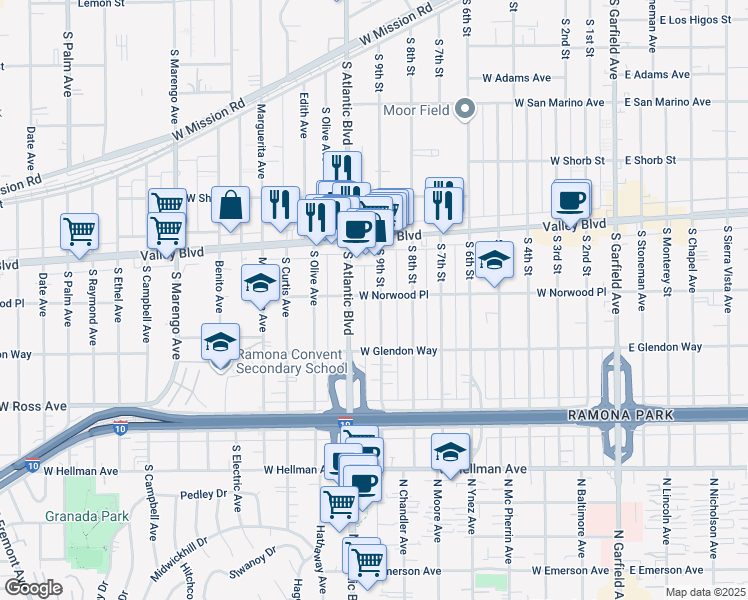map of restaurants, bars, coffee shops, grocery stores, and more near 1601 South 9th Street in Alhambra